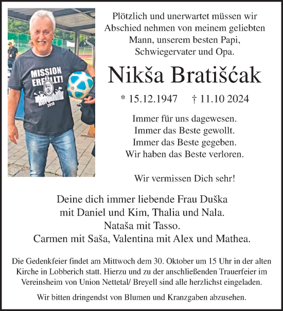 Traueranzeige von Niksa Bratiscak von trauer.extra-tipp-moenchengladbach.de