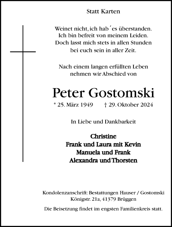 Traueranzeige von Peter Gostomski von trauer.extra-tipp-moenchengladbach.de