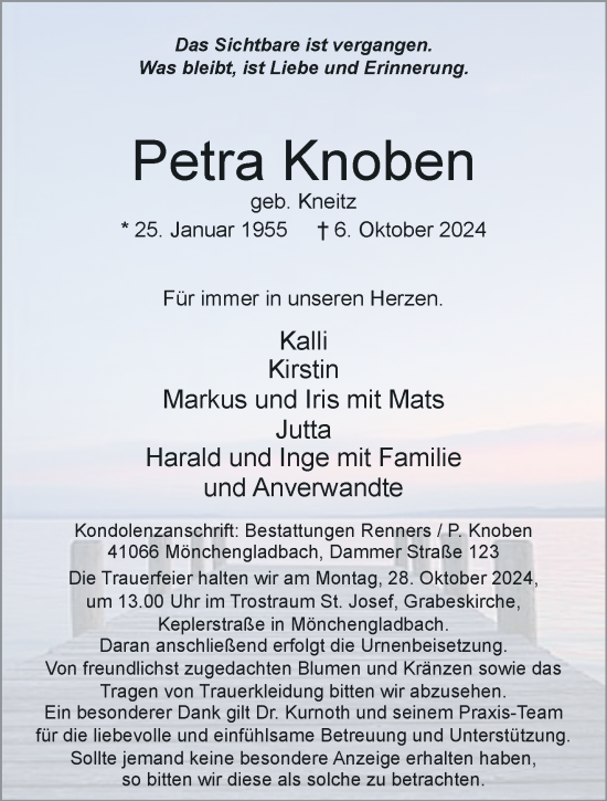 Traueranzeige von Petra Knoben von trauer.extra-tipp-moenchengladbach.de