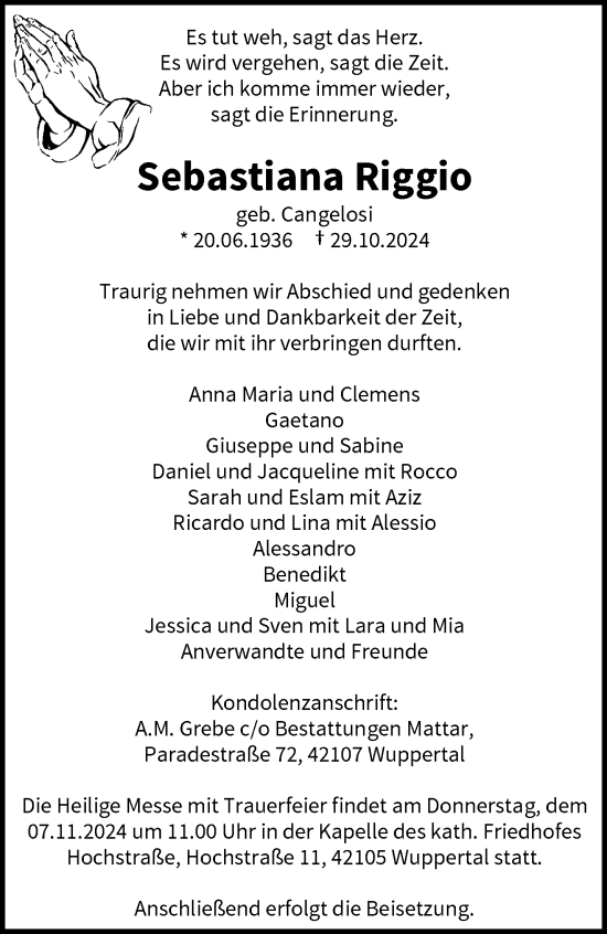 Traueranzeige von Sebastiana Riggio von trauer.wuppertaler-rundschau.de