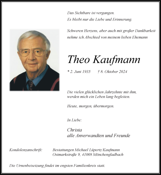 Traueranzeige von Theo Kaufmann von trauer.extra-tipp-moenchengladbach.de