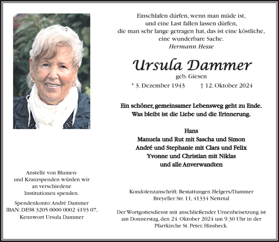 Traueranzeige von Ursula Dammer von trauer.extra-tipp-moenchengladbach.de