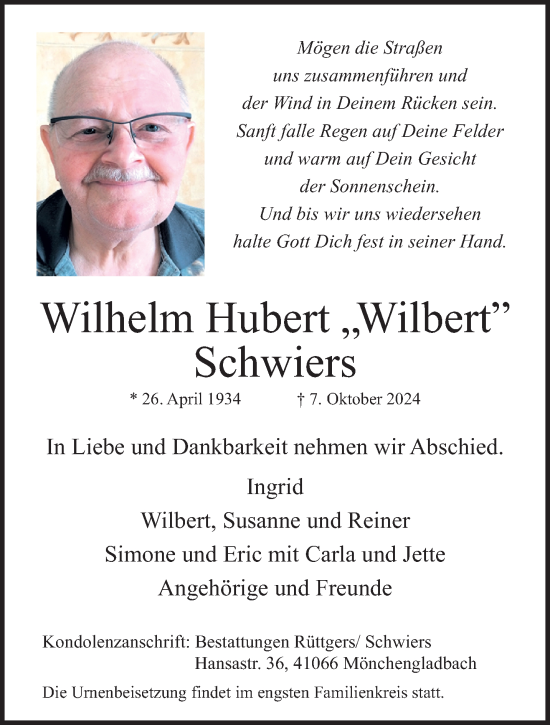 Traueranzeige von Wilhelm Hubert Schwiers von trauer.extra-tipp-moenchengladbach.de