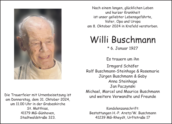 Traueranzeige von Willi Buschmann von trauer.extra-tipp-moenchengladbach.de