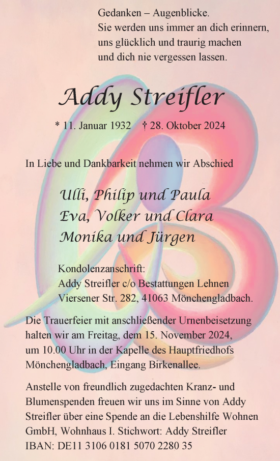 Traueranzeige von Addy Streifler von trauer.extra-tipp-moenchengladbach.de