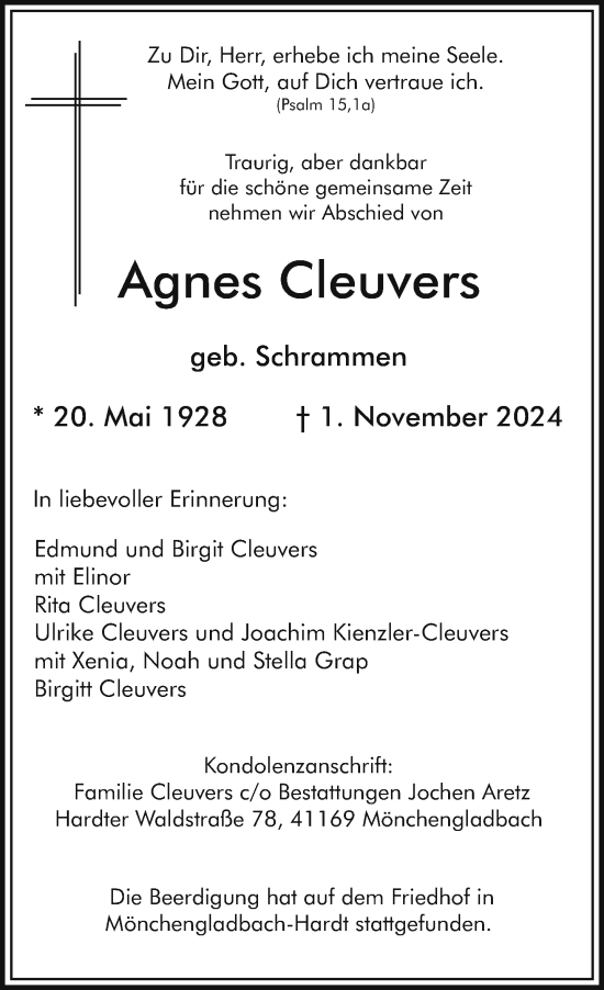 Traueranzeige von Agnes Cleuvers von trauer.extra-tipp-moenchengladbach.de