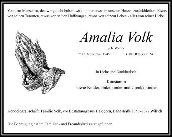 Traueranzeige von Amalia Volk von trauer.extra-tipp-moenchengladbach.de