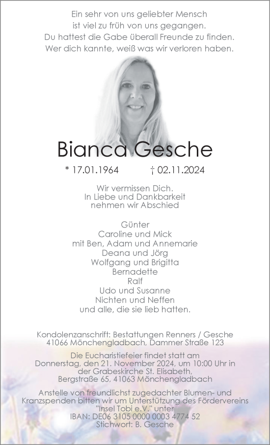 Traueranzeige von Bianca Gesche von trauer.extra-tipp-moenchengladbach.de