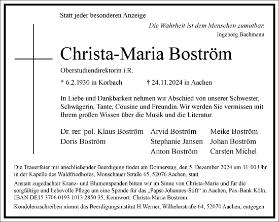 Traueranzeige von Christa-Maria Boström von trauer.wuppertaler-rundschau.de