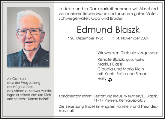 Traueranzeige von Edmund Blaszk von trauer.extra-tipp-moenchengladbach.de