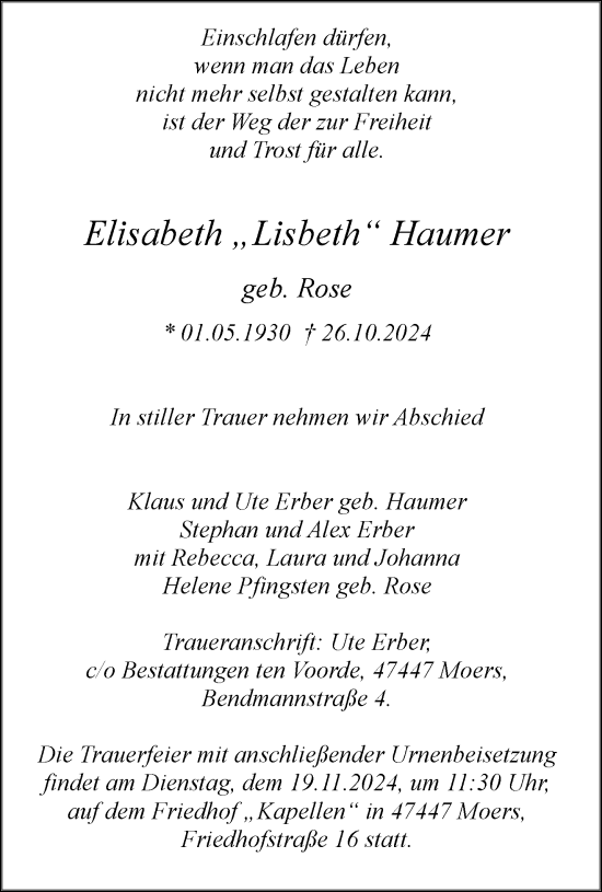 Traueranzeige von Elisabeth Haumer von trauer.duesseldorfer-anzeiger.de