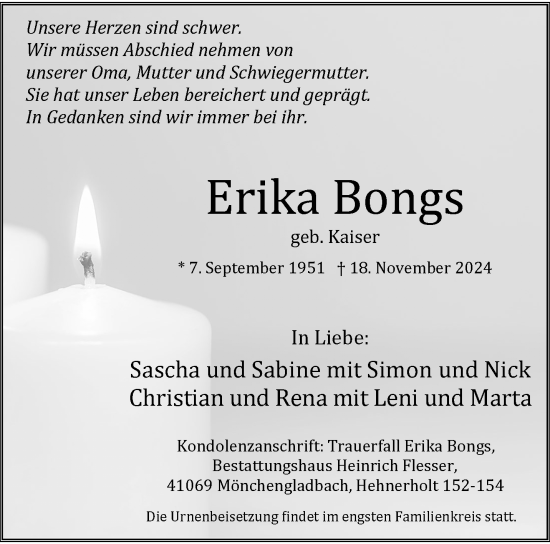 Traueranzeige von Erika Bongs von trauer.extra-tipp-moenchengladbach.de