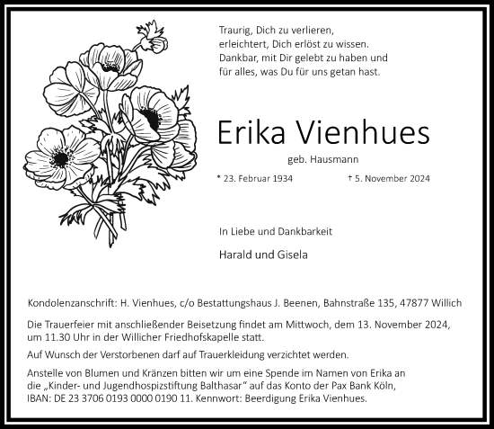 Traueranzeige von Erika Vienhues von trauer.extra-tipp-moenchengladbach.de