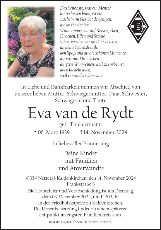 Traueranzeige von Eva van de Rydt von trauer.extra-tipp-moenchengladbach.de