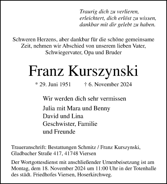 Traueranzeige von Franz Kurszynski von trauer.extra-tipp-moenchengladbach.de