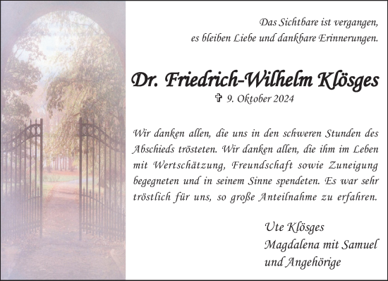 Traueranzeige von Friedrich-Wilhelm Klösges von trauer.extra-tipp-moenchengladbach.de