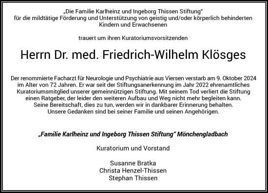 Traueranzeige von Friedrich-Wilhelm Klösges von trauer.extra-tipp-moenchengladbach.de