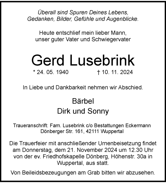 Traueranzeige von Gerd Lusebrink von trauer.wuppertaler-rundschau.de