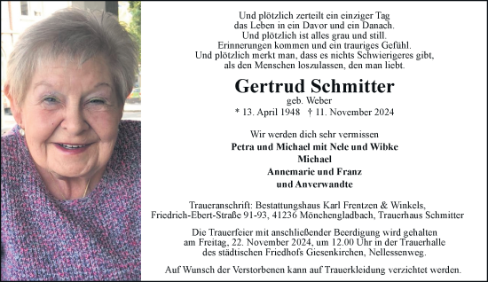 Traueranzeige von Gertrud Schmitter von trauer.extra-tipp-moenchengladbach.de