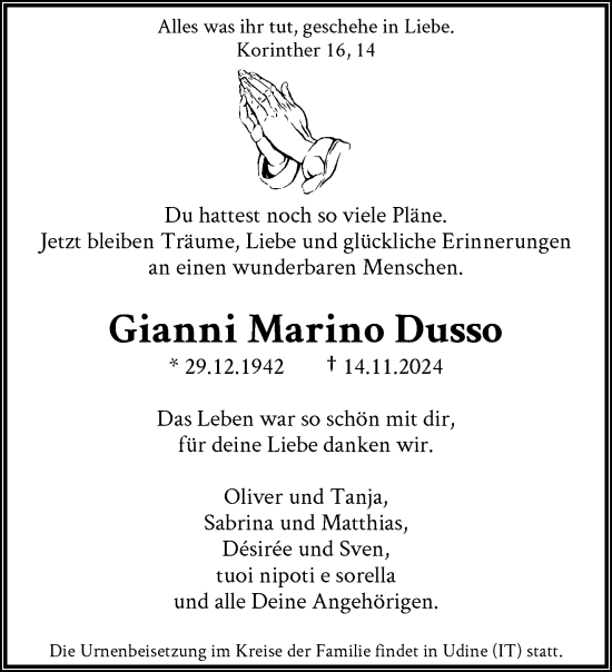 Traueranzeige von Gianni Marino Dusso von trauer.wuppertaler-rundschau.de