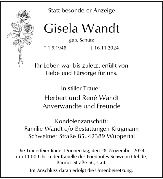 Traueranzeige von Gisela Wandt von trauer.wuppertaler-rundschau.de