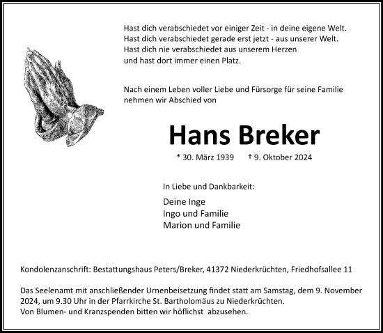 Traueranzeige von Hans Breker von trauer.extra-tipp-moenchengladbach.de