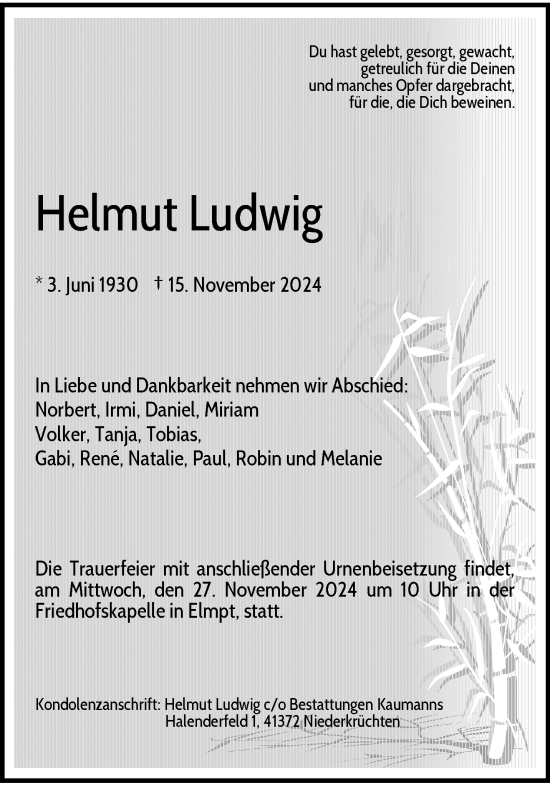 Traueranzeige von Helmut Ludwig von trauer.extra-tipp-moenchengladbach.de