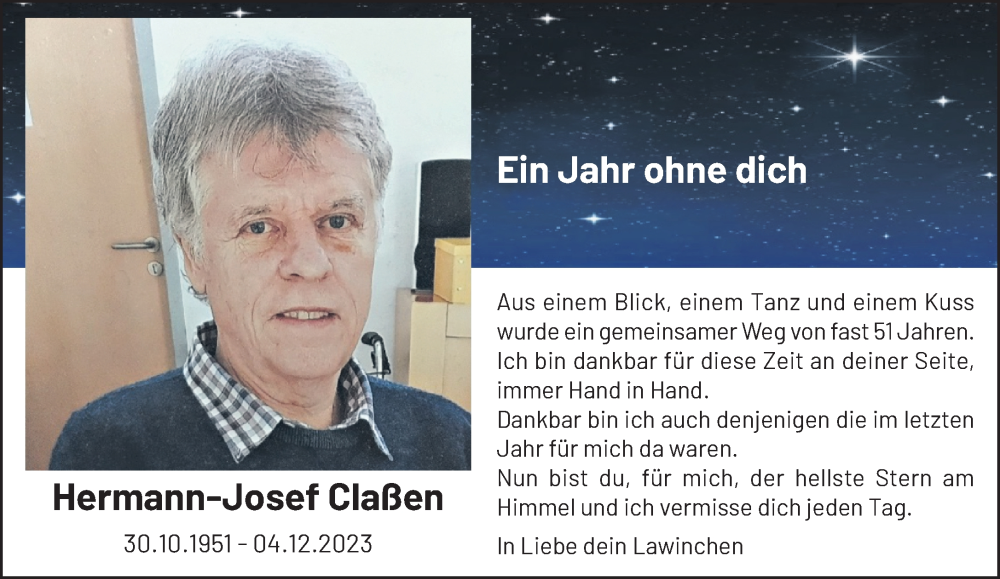  Traueranzeige für Hermann-Josef Claßen vom 01.12.2024 aus trauer.extra-tipp-moenchengladbach.de