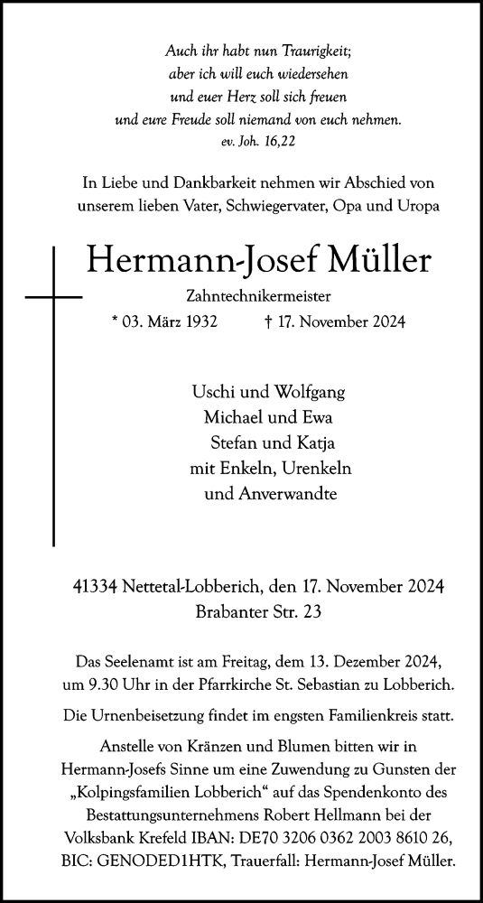 Traueranzeige von Hermann-Josef Müller von trauer.extra-tipp-moenchengladbach.de