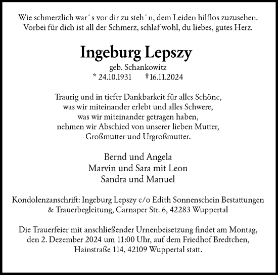 Traueranzeige von Ingeburg Lepszy von trauer.wuppertaler-rundschau.de