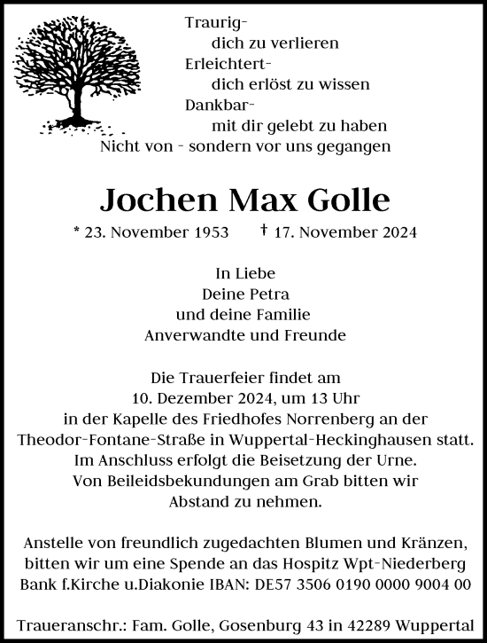 Traueranzeige von Jochen Max Golle von trauer.wuppertaler-rundschau.de