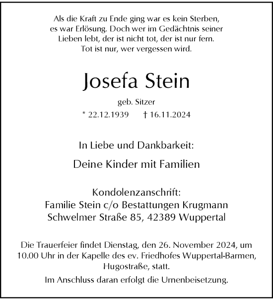 Traueranzeige von Josefa Stein von trauer.wuppertaler-rundschau.de