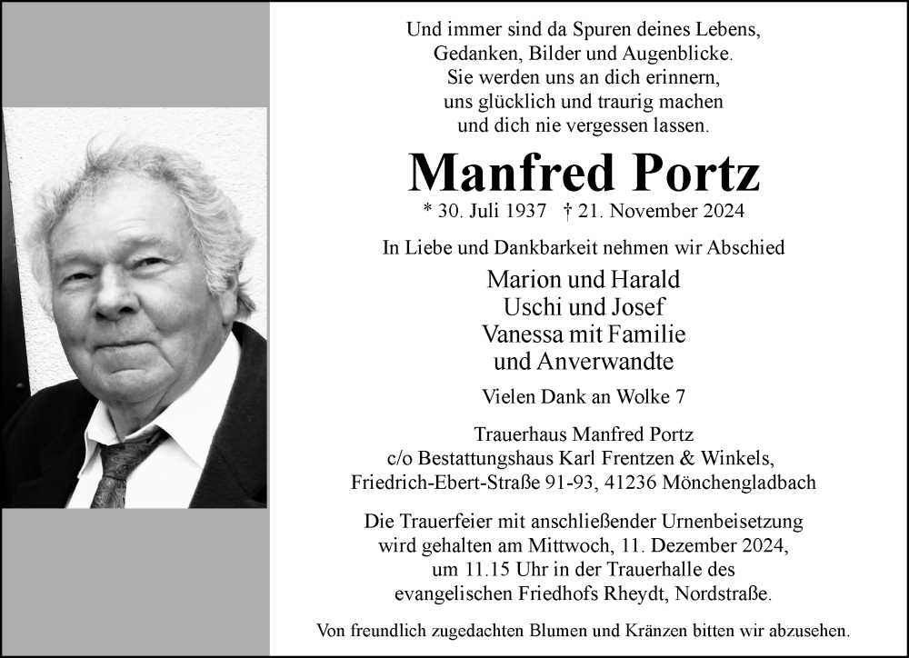  Traueranzeige für Manfred Portz vom 08.12.2024 aus trauer.extra-tipp-moenchengladbach.de