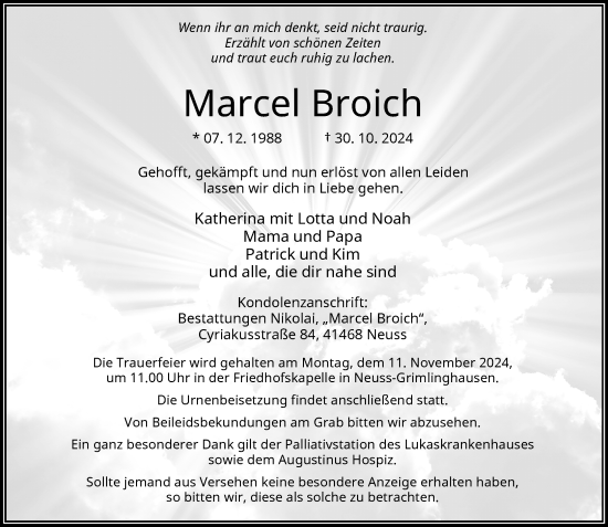 Traueranzeige von Marcel Broich von trauer.stadt-kurier.de