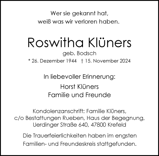 Traueranzeige von Roswitha Klüners von trauer.extra-tipp-moenchengladbach.de