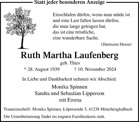 Traueranzeige von Ruth Martha Laufenberg von trauer.extra-tipp-moenchengladbach.de