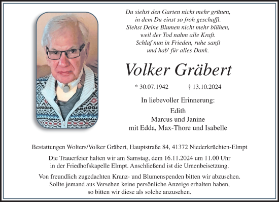 Traueranzeige von Volker Gräbert von trauer.extra-tipp-moenchengladbach.de