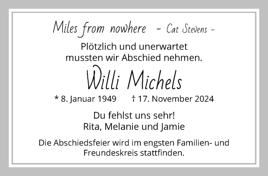 Traueranzeige von Willi Michels von trauer.extra-tipp-moenchengladbach.de