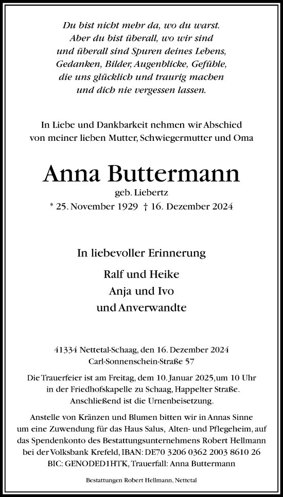 Traueranzeige von Anna Buttermann von trauer.extra-tipp-moenchengladbach.de