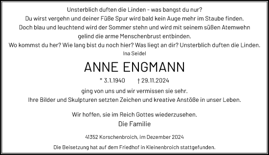 Traueranzeige von Anne Engmann von trauer.extra-tipp-moenchengladbach.de