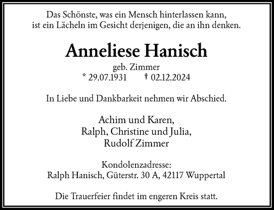 Traueranzeige von Anneliese Hanisch von trauer.wuppertaler-rundschau.de