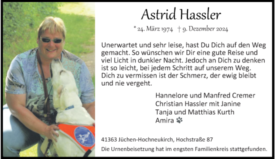 Traueranzeige von Astrid Hassler von trauer.stadt-kurier.de