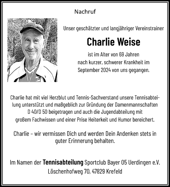 Traueranzeige von Charlie Weise von trauer.extra-tipp-moenchengladbach.de