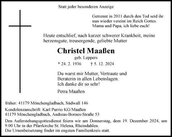 Traueranzeige von Christel Maaßen von trauer.extra-tipp-moenchengladbach.de