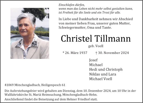 Traueranzeige von Christel Tillmann von trauer.extra-tipp-moenchengladbach.de