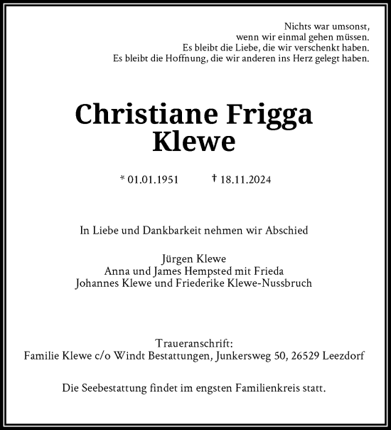 Traueranzeige von Christiane Frigga Klewe von trauer.duesseldorfer-anzeiger.de