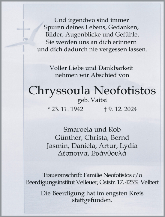 Traueranzeige von Chryssoula Neofotistos von trauer.wuppertaler-rundschau.de