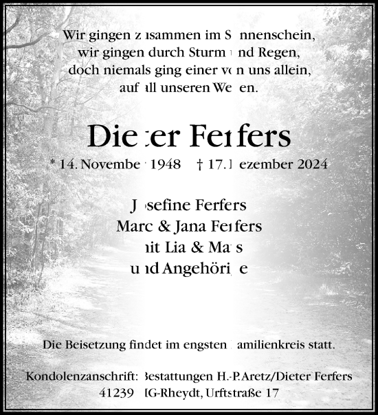 Traueranzeige von Dieter Ferfers von trauer.extra-tipp-moenchengladbach.de