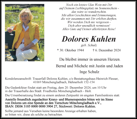 Traueranzeige von Dolores Kuhlen von trauer.extra-tipp-moenchengladbach.de