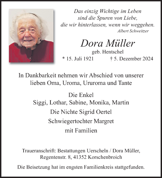 Traueranzeige von Dora Müller von trauer.extra-tipp-moenchengladbach.de